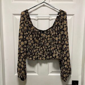 RIP CURL|Black & Golden Brown |Floral |Smocked |Crop |Balloon Sleeve |Blouse| M